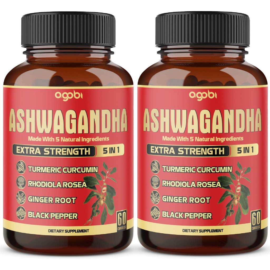 2 confezioni - 60 capsule Ashwagandha Capsule - Alta Concentrato - 5in1 Formula Ashwagandha, Turco, Rhodiola Rosea, Ginger, Pepe Nero - 4 Mesi di Alimentazione