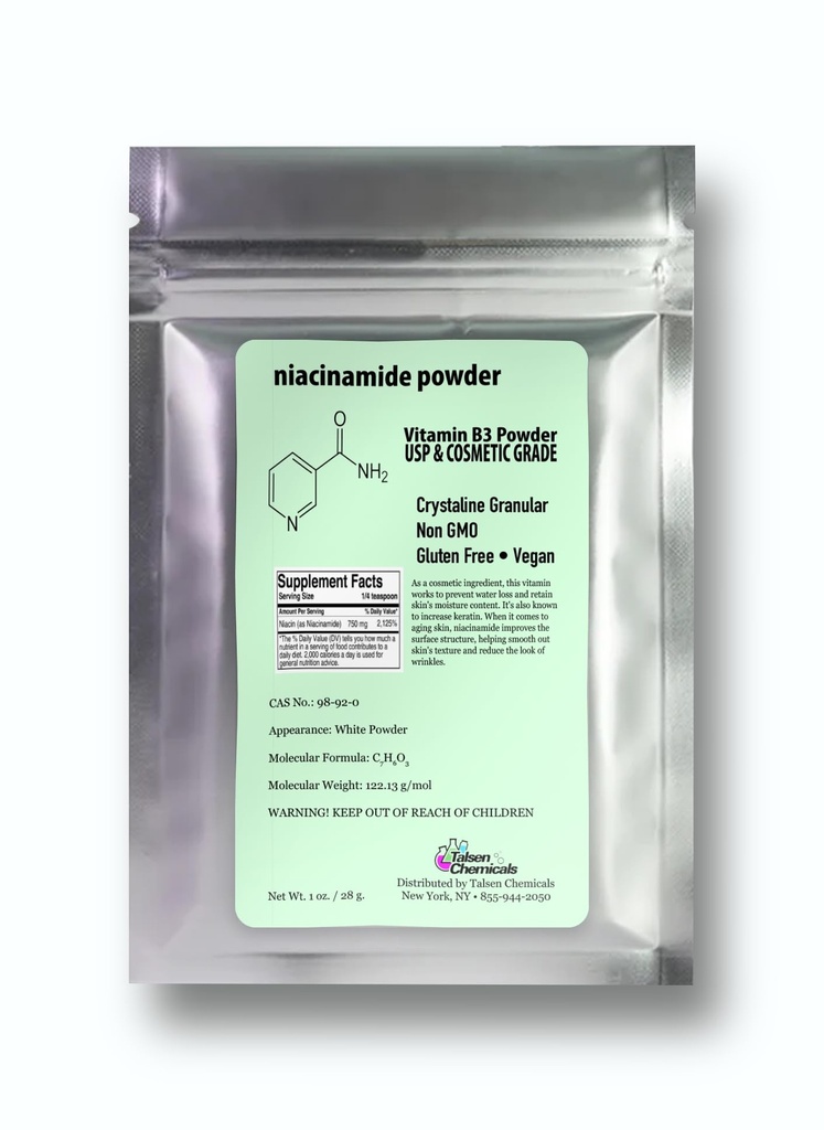 Poudre de Niacinamide pur pour soins de la peau (Vitamine B3) Sérum de Niacinamide DIY, poudre de Niacin (1 once / 28 Gram) de qualité cosmétique