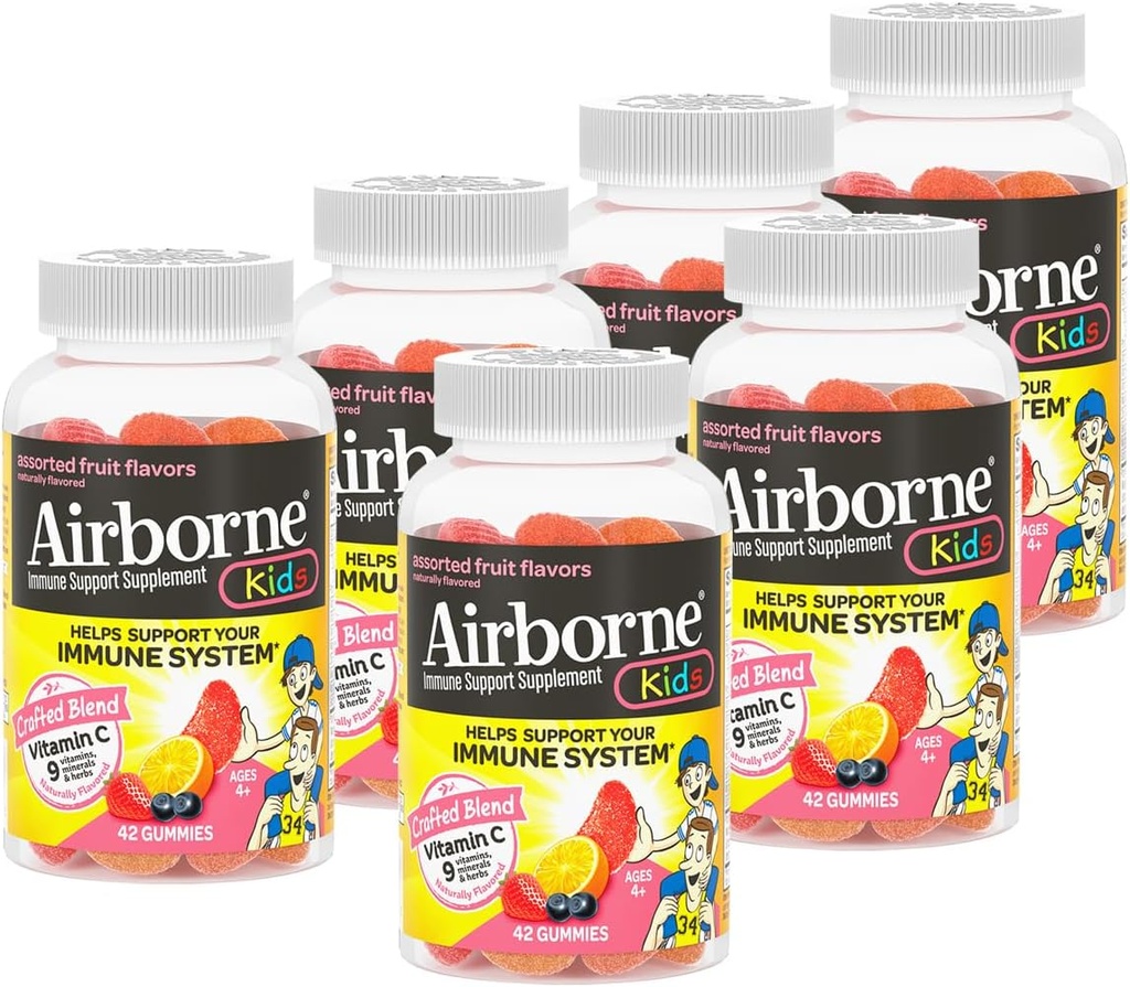 Airborne 500mg Vitamin C + Zink Immununterstützung Ergänzung Gummi für Kinder, sortierte Obst Geschmack, Glutenfreie Crafted Blend mit leistungsstarken Antioxidantien Vitamine C & E, 42 Gummi (6 Pack)