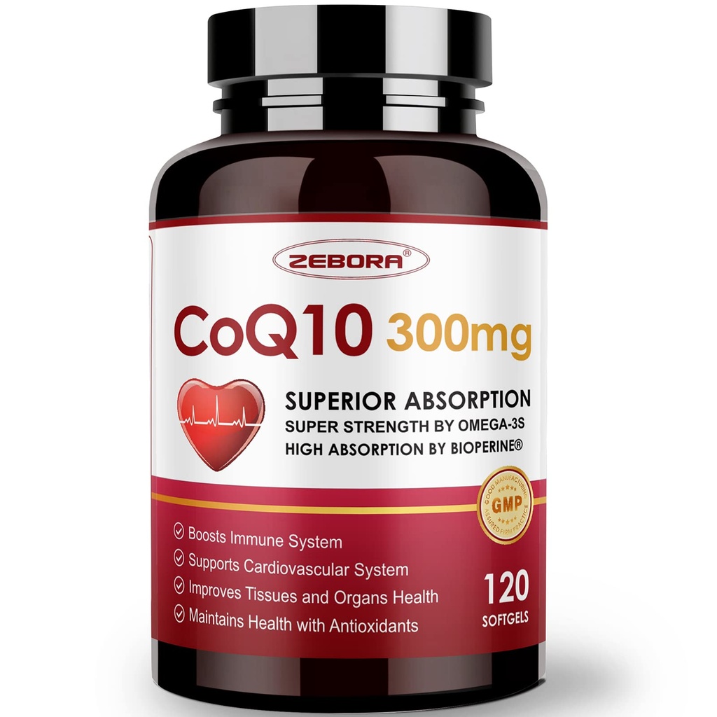 ZEBORA CoQ10-300mg-Softgels avec PQQQ, BioPerine et Omega-3, 120 Servants Coenzyme Q10 (Ubiquinone) Supplément pour Haute Absorption, Puissant Antioxydant, Soutien Santé cardiovasculaire et Production d'énergie