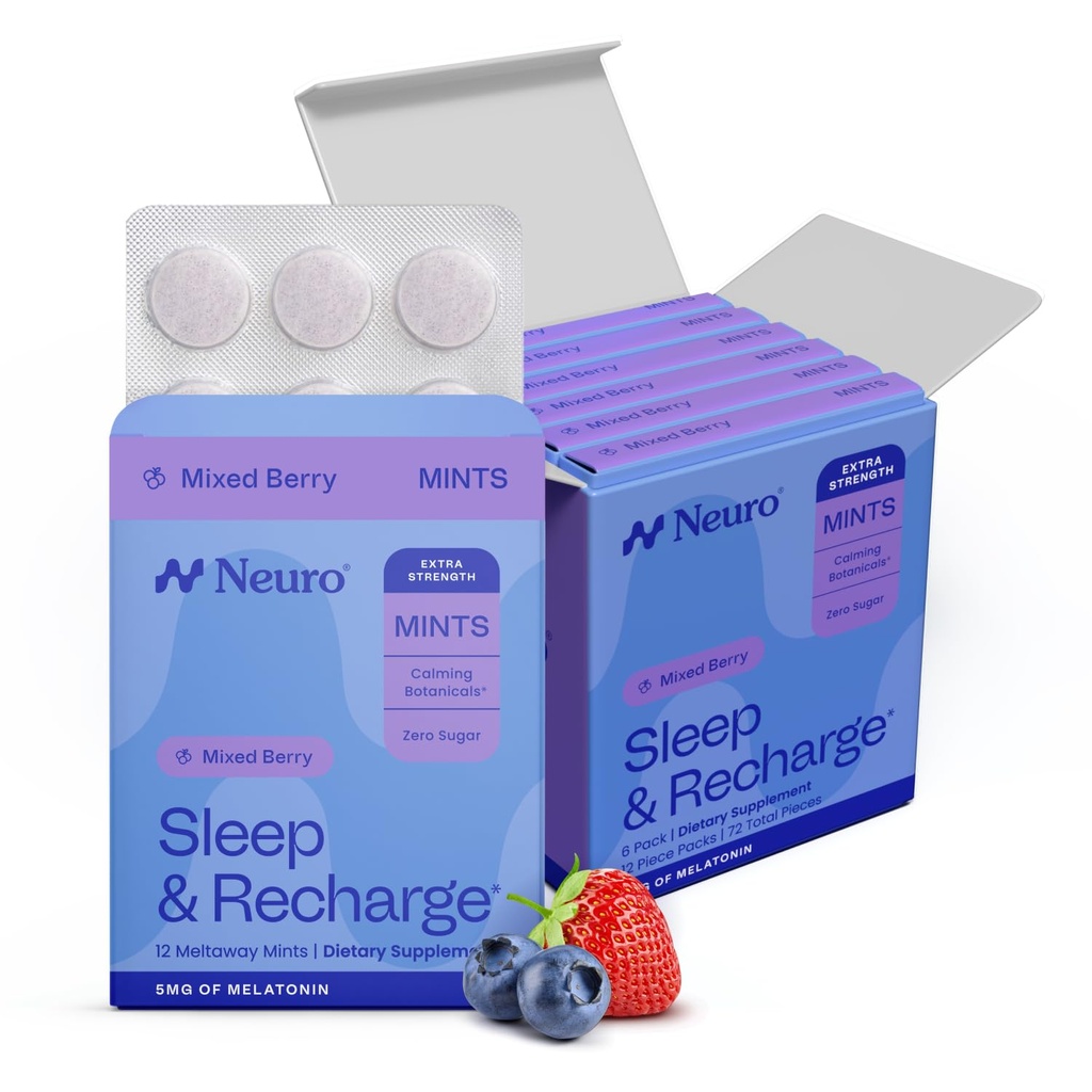 Neuro Melatonin 5mg Sleep & Recharge Mints (72 Pezzi) - Fast Dissolve Melatonin Sugar Free Mints with Lemon Balm & Chamomile for Better Sleep - Calm Sleep Supplement for Adults - Night Berry Flavor