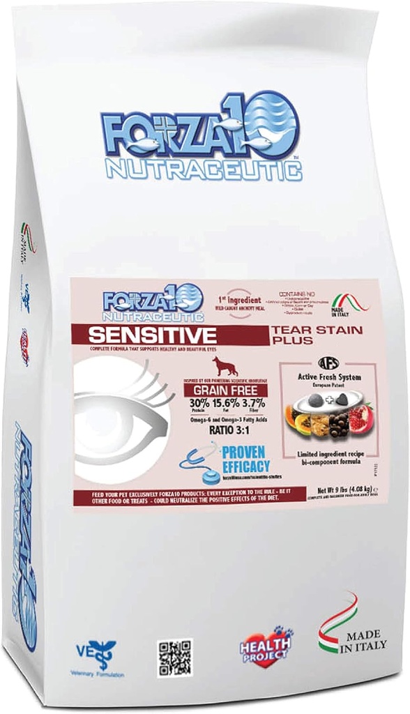 Forza10 Sensitive Tear Stain Grain Free Dry Dog Food, Gesunde trockene Hundefutter Formuliert, um Hund Tear Stain, Hundeaugenpflege und Tear Stain Remover (9 Pfund)