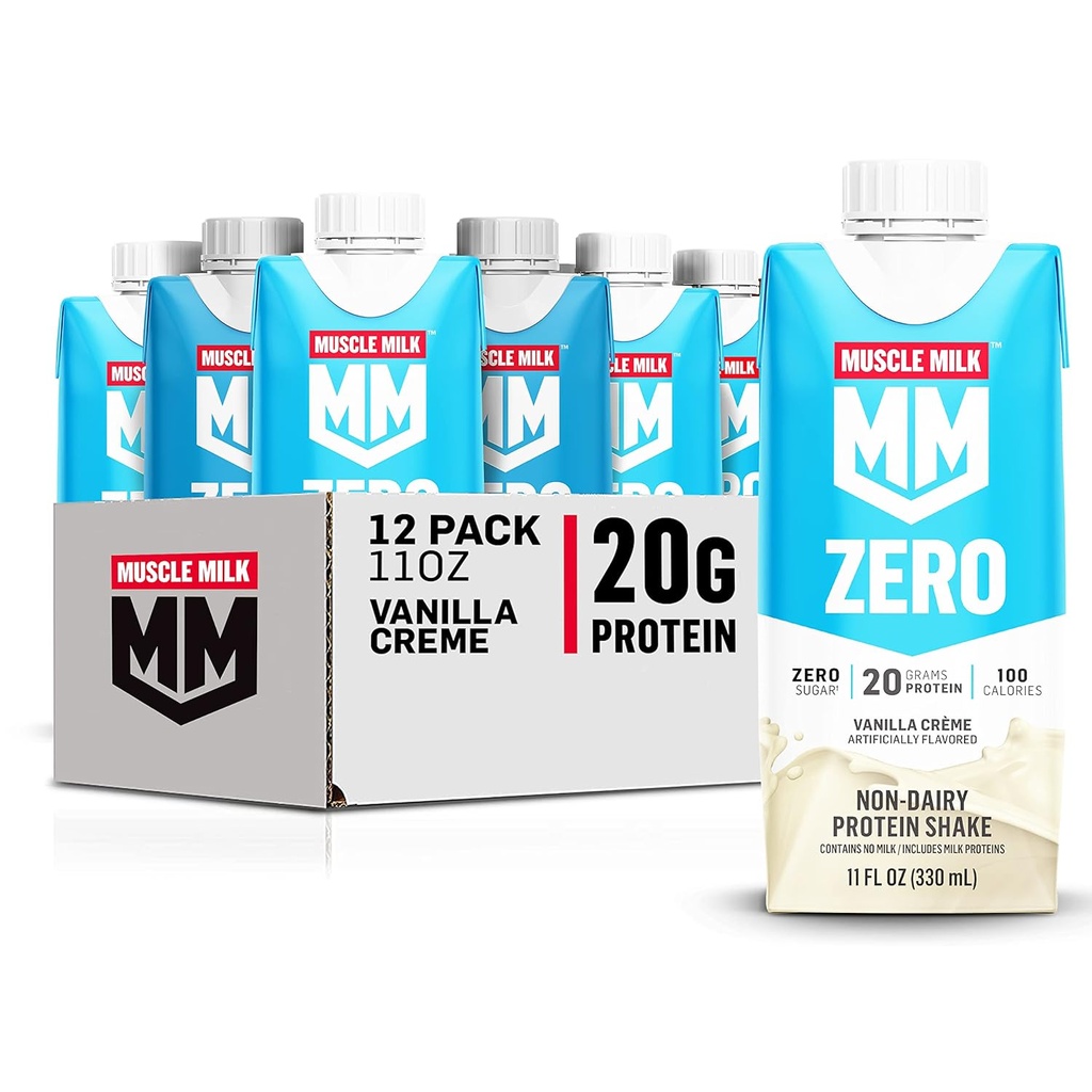 Latte Muscolare Zero Protein Shake, Vanilla Crème, 11 Fl Oz Carton, 12 Pack, 20g Protein, Zero Sugar, 100 Calorie, Calcio, Vitamine A, C & D, 4g Fibra, Spuntino energizzante, Imballaggio May Vary, 12 Conte (Pack of 1)