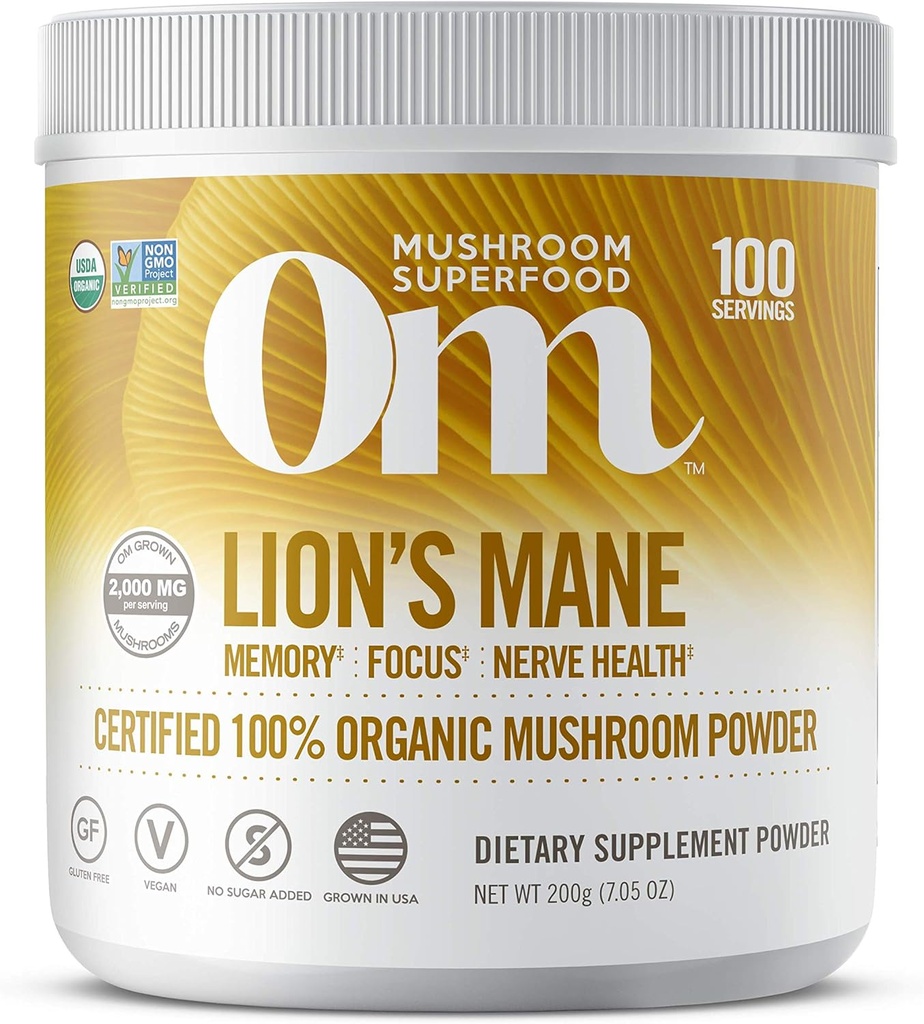 Om Organic Mushroom Nutrition Lion's Mane: Memoria, Focus, Salute di Neve, 100 porzioni, 7.14 once, 200 Gram