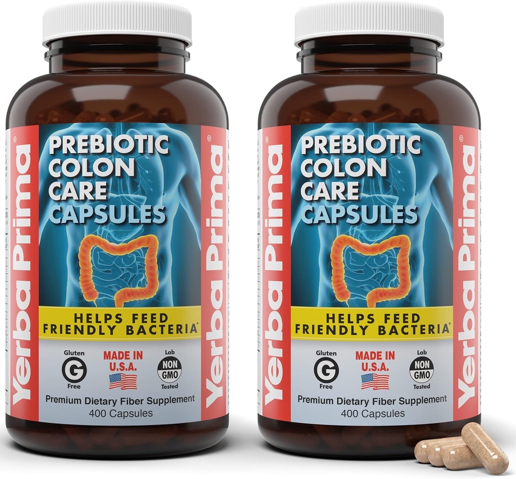 Yerba Prima Prebiotic Colon Care Capsules, 400 Caps (Pack von 2) - Fünf Formen der Nahrungsfaser-Ergänzung - Gesunde lösliche und unlösliche Fasern für Regularität & Verdauungsunterstützung
