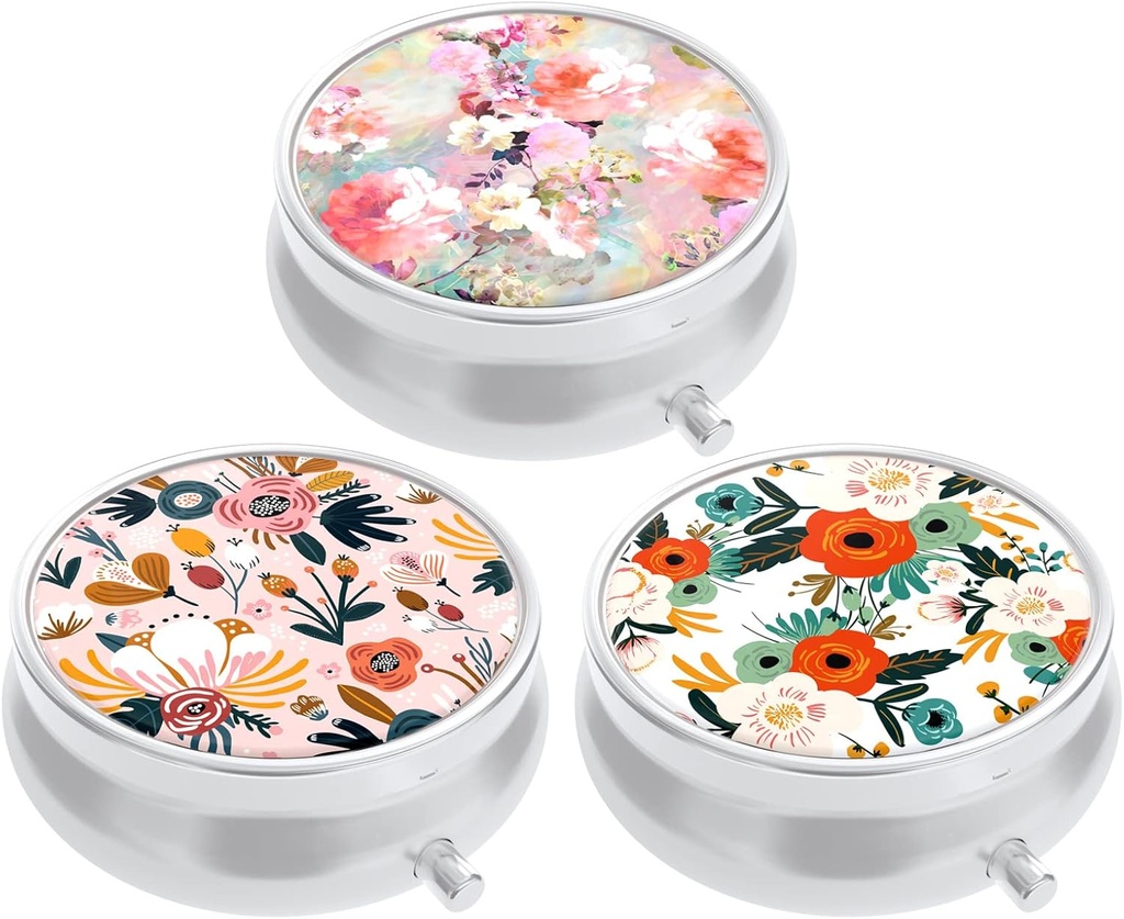 3 Pack Pill Box, Small Pill Case for Purse & Pocket, Cute Travel Medicine Organizer, Portable Medicine Container Holder to Hold Vitamins, Medication, Fish Oil & Supplement, Pink White Flowers