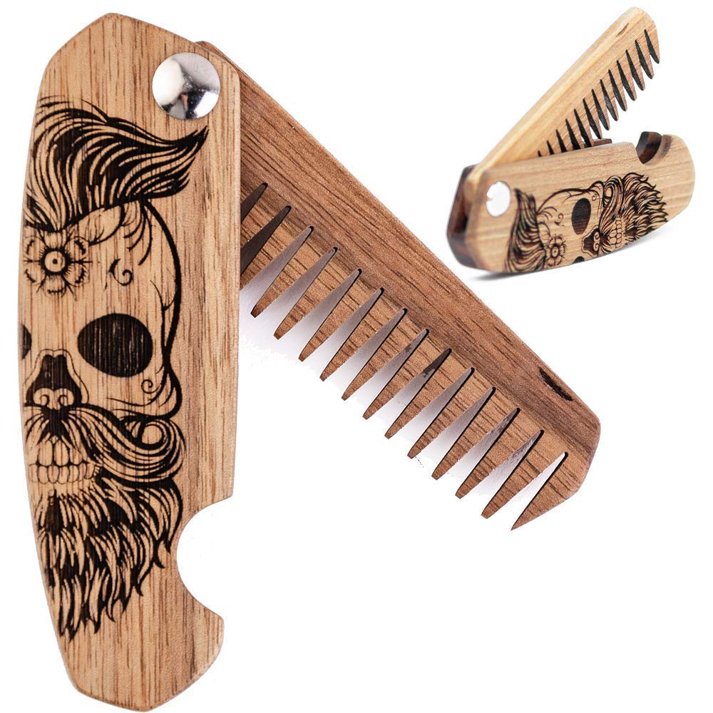 Godetevi il cuscinetto in legno per gli uomini, pieghevole accessori per il cuscinetto da tasca per gli uomini, bordo in legno di noce inciso per Moustache, cuscinetto e capelli per lui (mezza teschio)