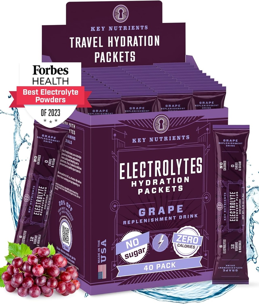 KEY NUTRIENTS Elektrolyt-Pulver-Packets - Fruity Grape 40 Pack Hydration Packets - Travel Hydration Powder - Kein Zucker, keine Kalorien, Glutenfrei - Made in USA