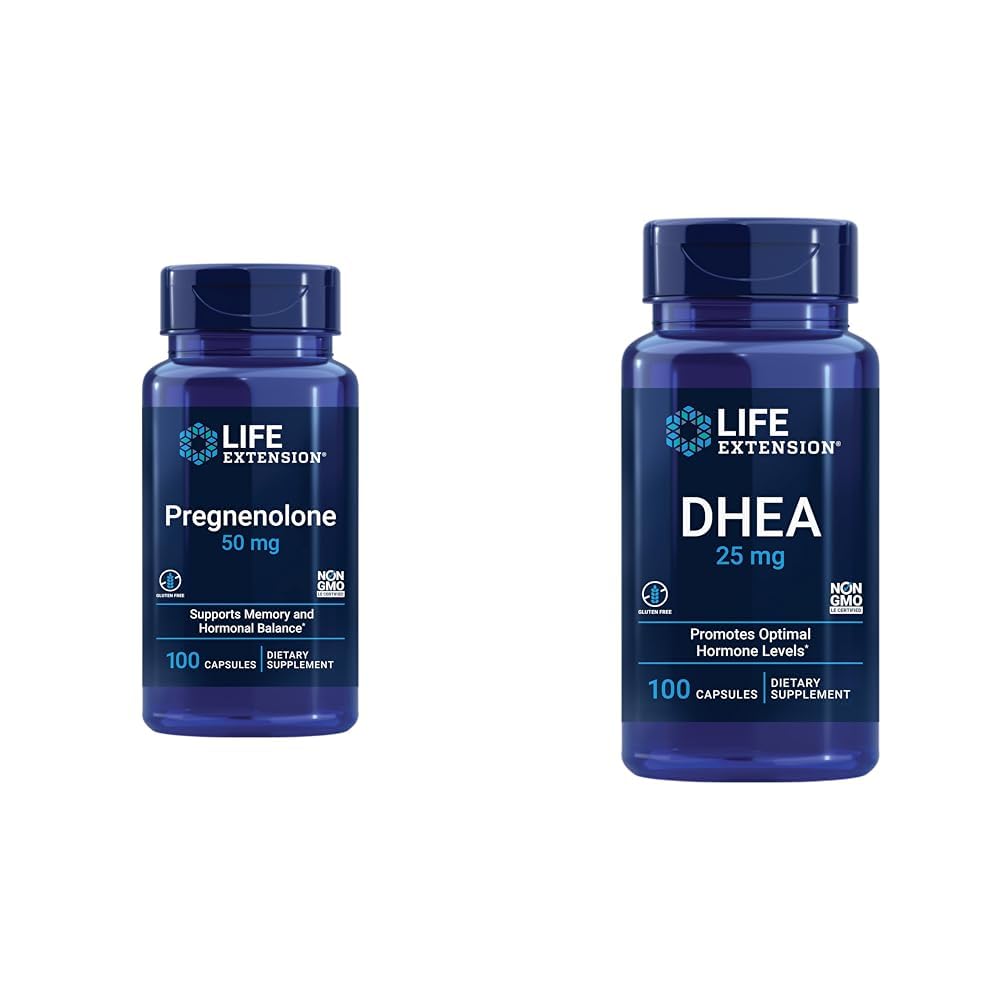 Lebensverlängerung Pregnenolone 50mg und DHEA 25mg - Hormon Balance und Anti-Aging Ergänzungen - 100 Kapseln Jeder
