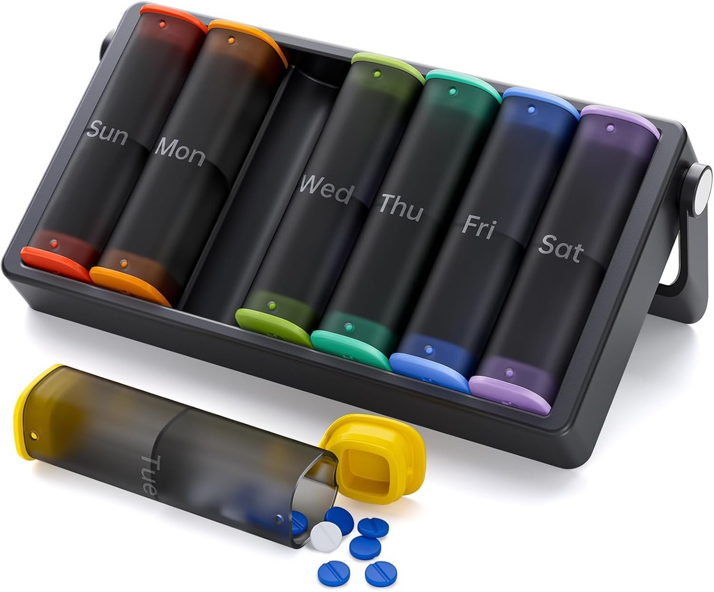 Weekly Pill Organizer 2 Times a Day, KOVIUU Large Travel Pill Box 7 Day, Am Pm Twice Daily Pill Case with Rotatable Handle, Pill Holder Container for Vitamin, Medicine, Supplement, Translucent-Black