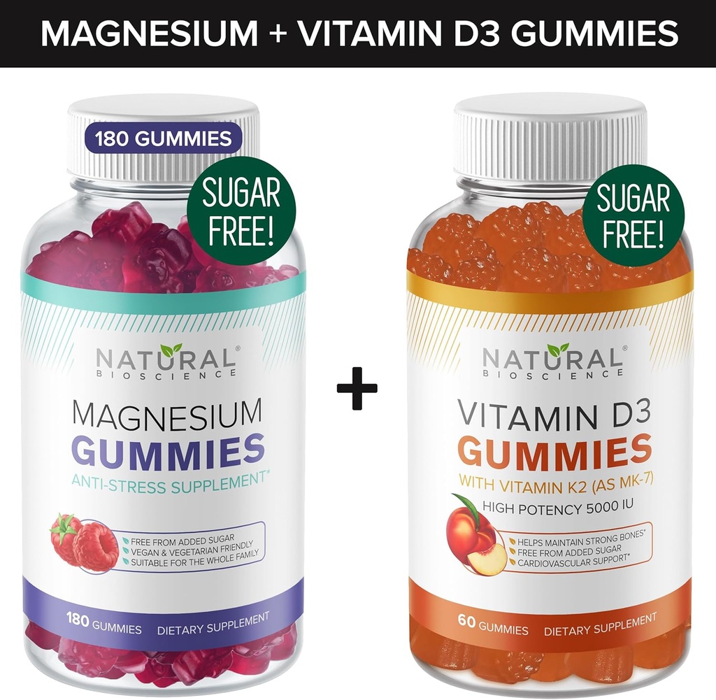 Gommies sans sucre Magnésium (180 Gommies) et Gommies sans sucre Vitamine D (60 Gommies) – Immune Soutien et Relaxation Valeur Bundle, Sans gélatine, Sans gluten, Végétarien, Tous naturels, sans OGM, Kosher