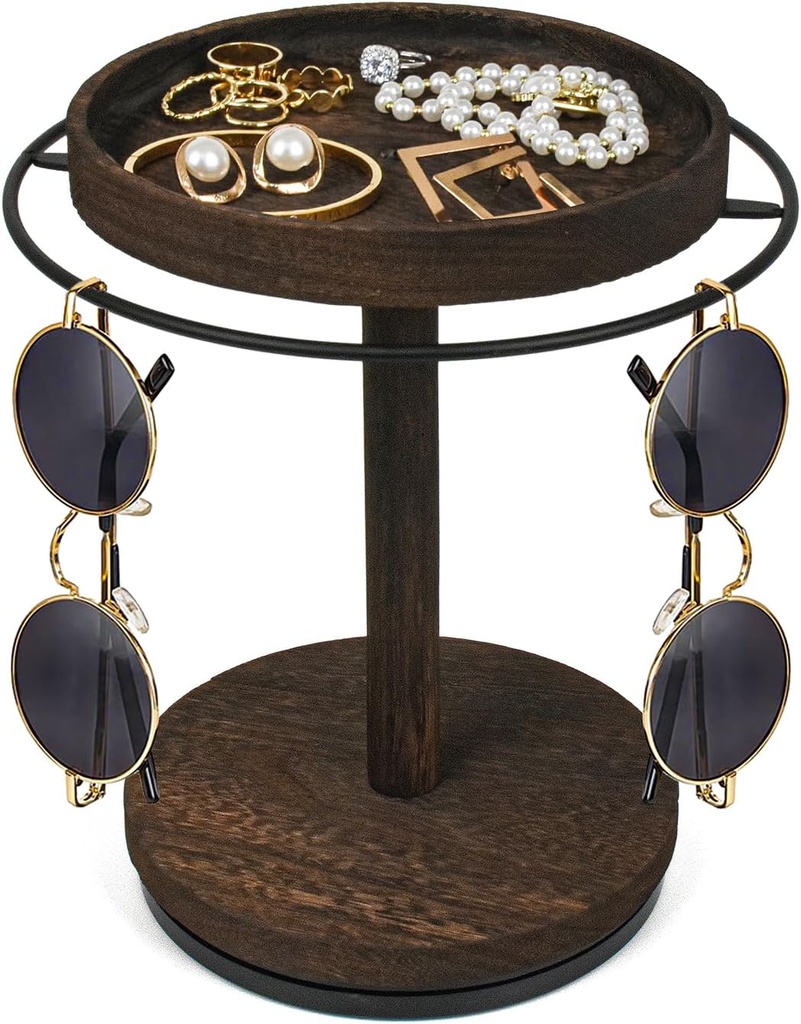 Sonnenbrillen Organizer 360° drehbare Brillenhalter Stand mit Wood Tray und Base, Eye Glass Display Rack für mehrere Sonnenbrillen Speicher für Tischkleider Nachttisch