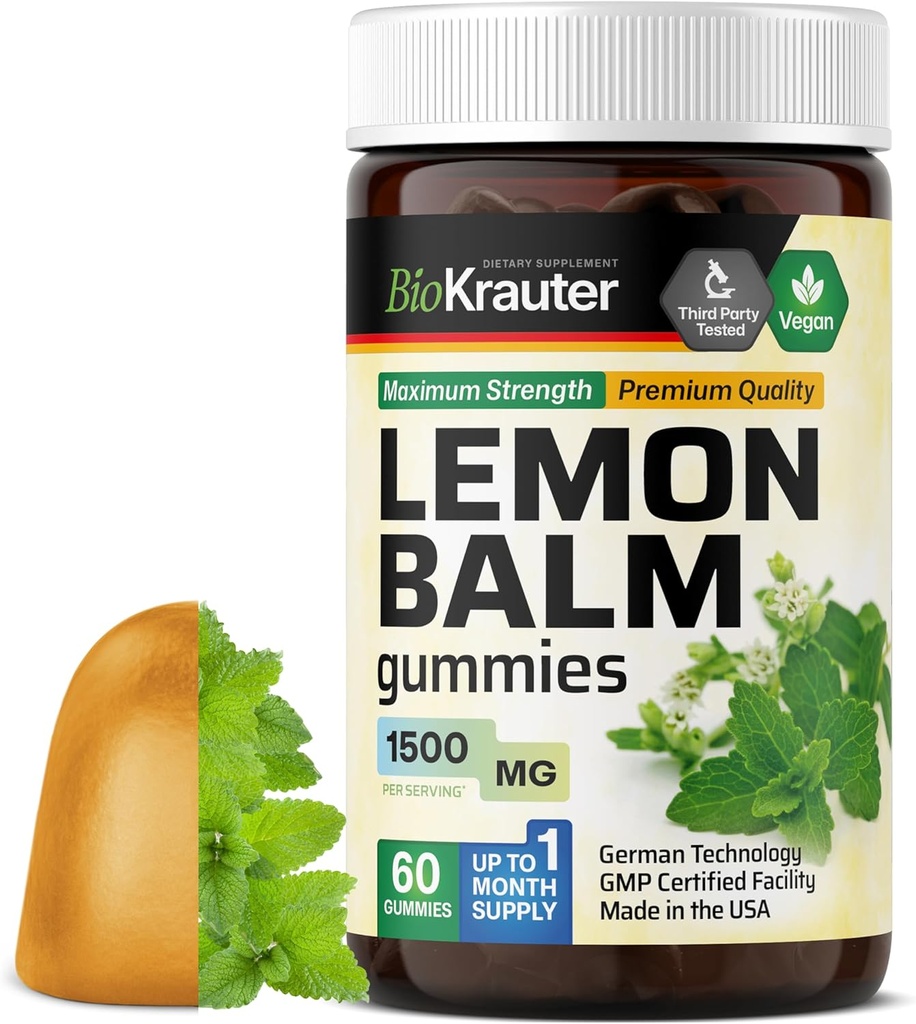 BIO KRAUTER Lemon Balm Gummies - 1500 mg di resistenza - 60 Vegan Chews - Supporto per la calma - Limoni Balm Leaf Extract - Gelatine-Free