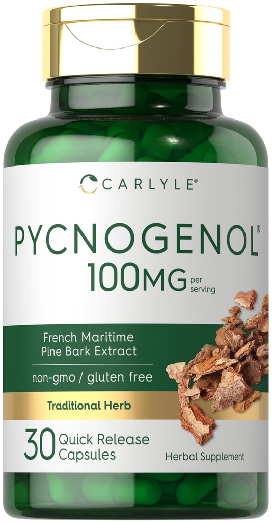 Carlyle Pycnogenol 100mg | 30 capsule | Estratto di corteccia di pino marittimo francese | Pinus Pinaster | Non-GMO e Gluten