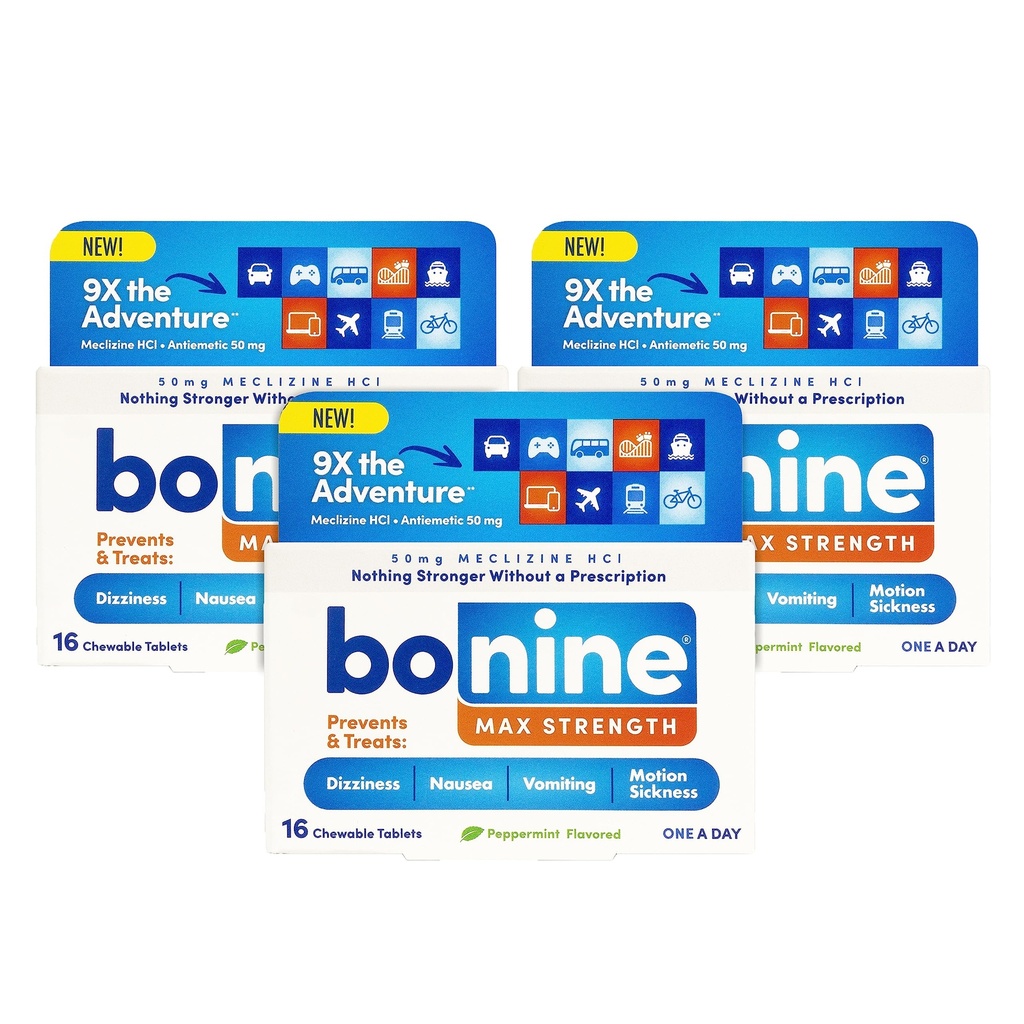 Bonino MAX Masticabile per il Rilievo di Malattia di Movimento - con Meclizine HCL 50mg - Formula di Forza Max per Trattare Nausea o Malattia di Movimento - Crociera Essenziale - Menta piperita - 16 Compresse Chewable, 3 Pack