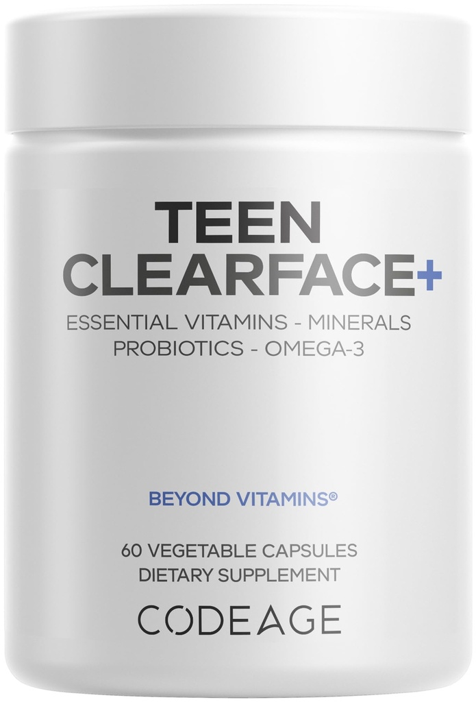 Codeage teen Clearface adolescente faccia, pelle &amp; brufoli, vitamine A, C, D3, E, acido pantotenico, niacina, zinco Supplemento adolescenti, probiotici, L-Lysine, Omega-3, pelle grassa, Pores, Spots - 60 capsule