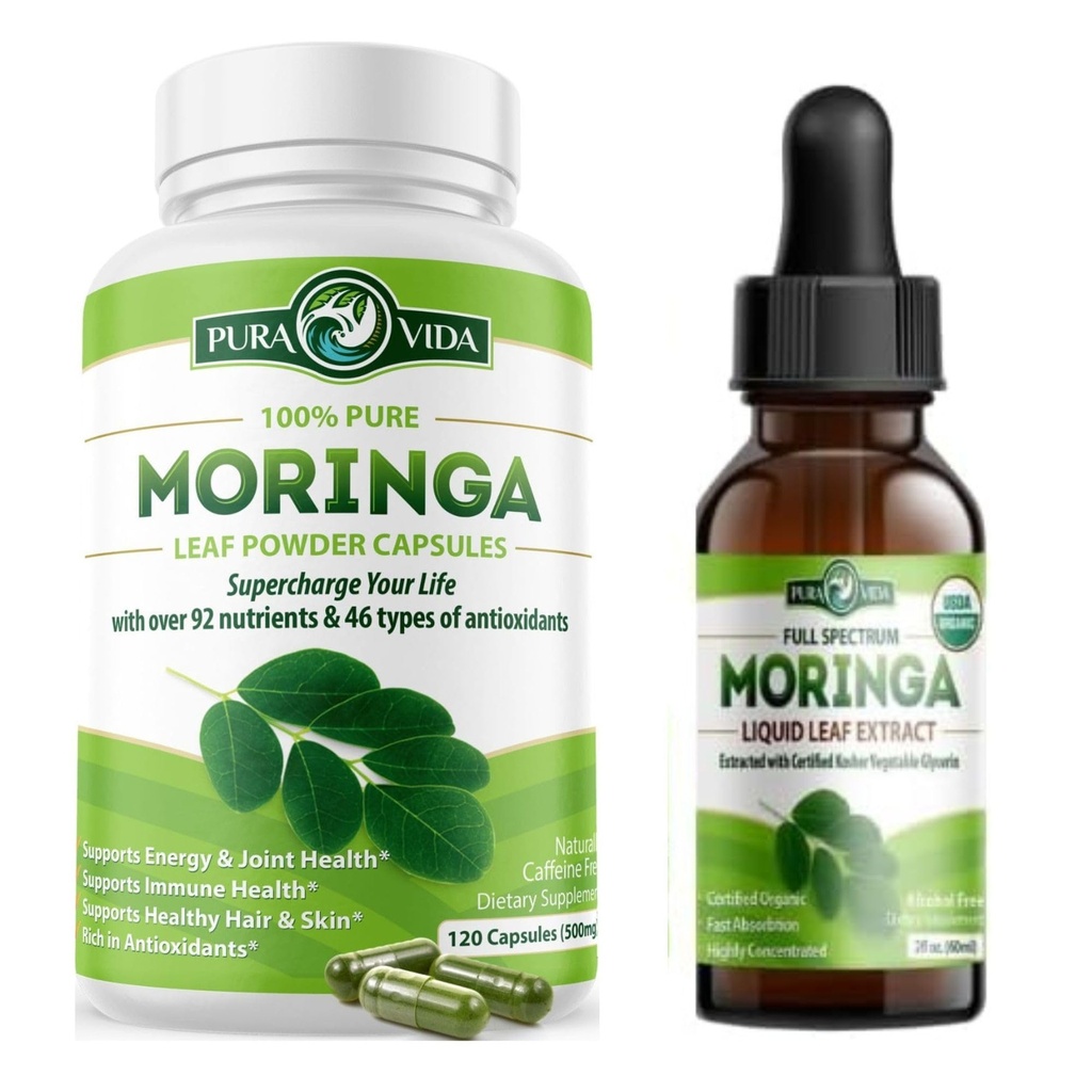 PURA VIDA MORINGA Kapseln (120 Count) und Moringa Blatt Extrakt Tropfen (2fl oz)