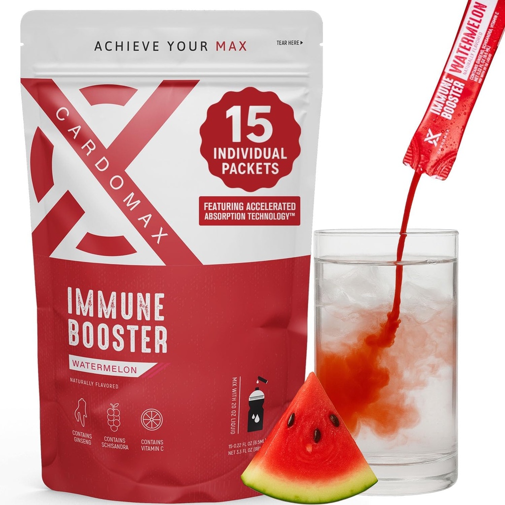 CardoMax Immunity Booster Liquid Drink Mix with Ginseng and Vitamine C for Kids and Adults, Supplément de soutien immunitaire pour l'énergie et le bien-être, Saveur de pastèque, 15 boîtes de bâton liquide mono-serve