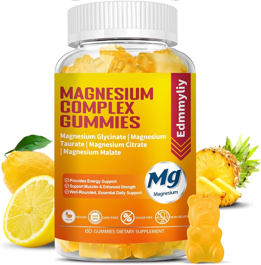Triple Magnesium Complex Gummies Supplement für Damen und Herren Zucker Freie hohe Absorption Magnesium Glycinat, Taurat, Malate, Citrate Complex Supplement mit Vitamin B6, B12 & D3 für Erwachsene...