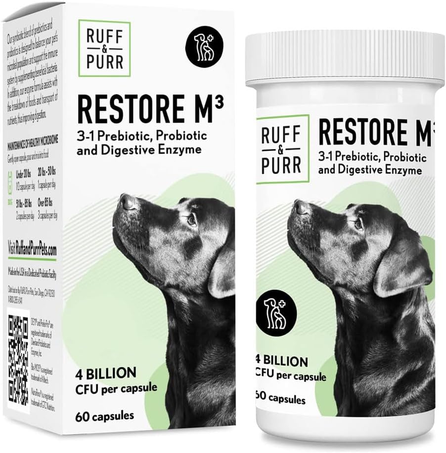 Probiotiques de Ruff & Purr pour chiens – Probiotiques 3-en-1, prébiotiques et enzymes digestives pour la santé de Gut, le soutien immunitaire, la peau saine et le manteau – Études cliniques DE111 & PreforPro