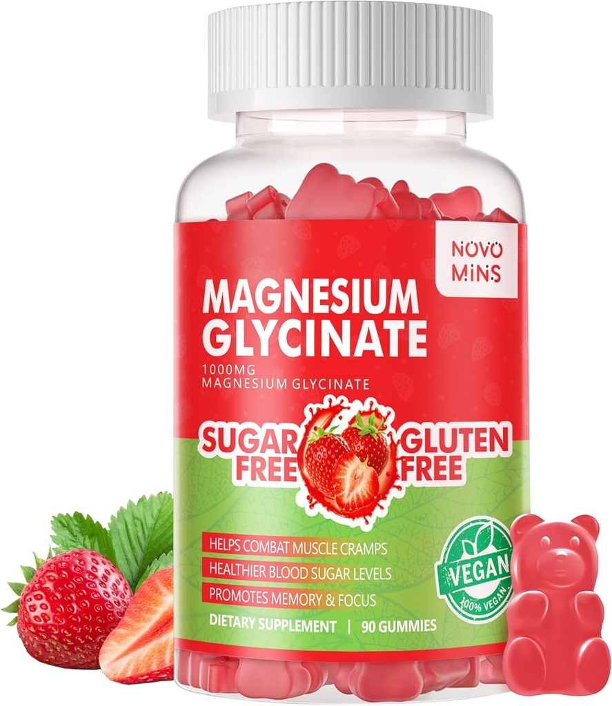 90 CT Magnesium Glycinat Gummi - Zuckerfreie Magnesium Kaliumergänzung mit Vitamin D, B6, CoQ10 für ruhige Stimmung & Schlafunterstützung - 90 Erdbeergummis