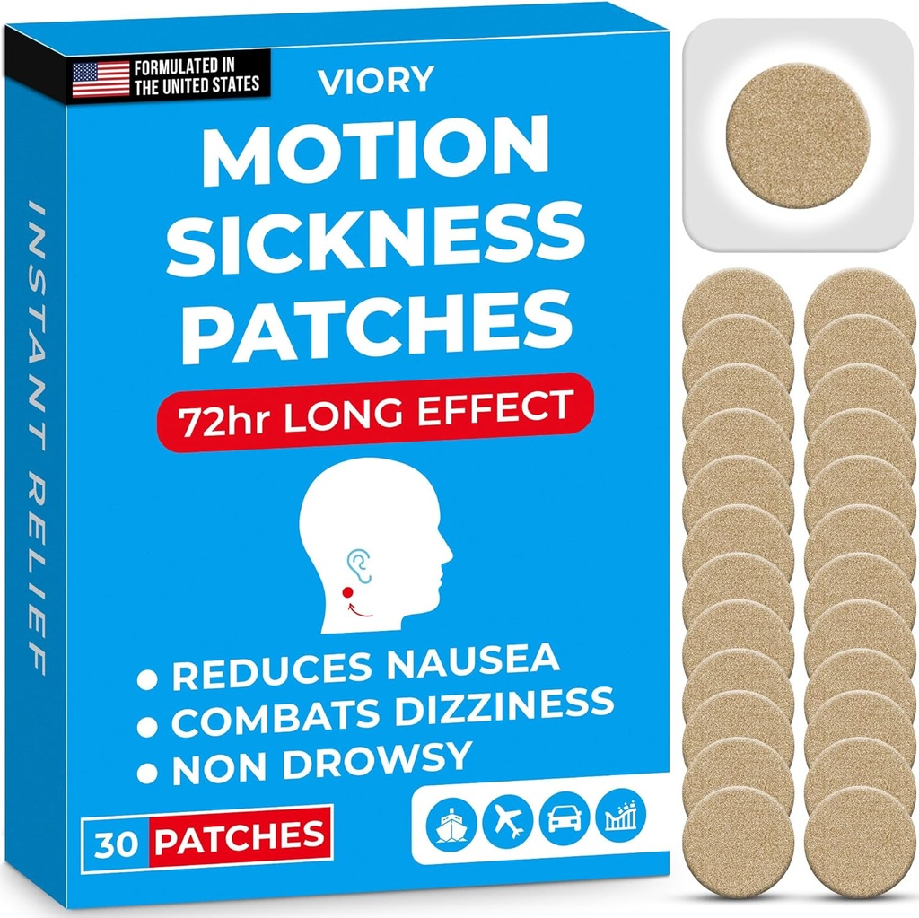 VIORY Motion Maladie Patches pour voitures et bateaux, navires, croisières et avions et autres formes de transport - essentiels de voyage, pour les adultes et les enfants (30 comtes)
