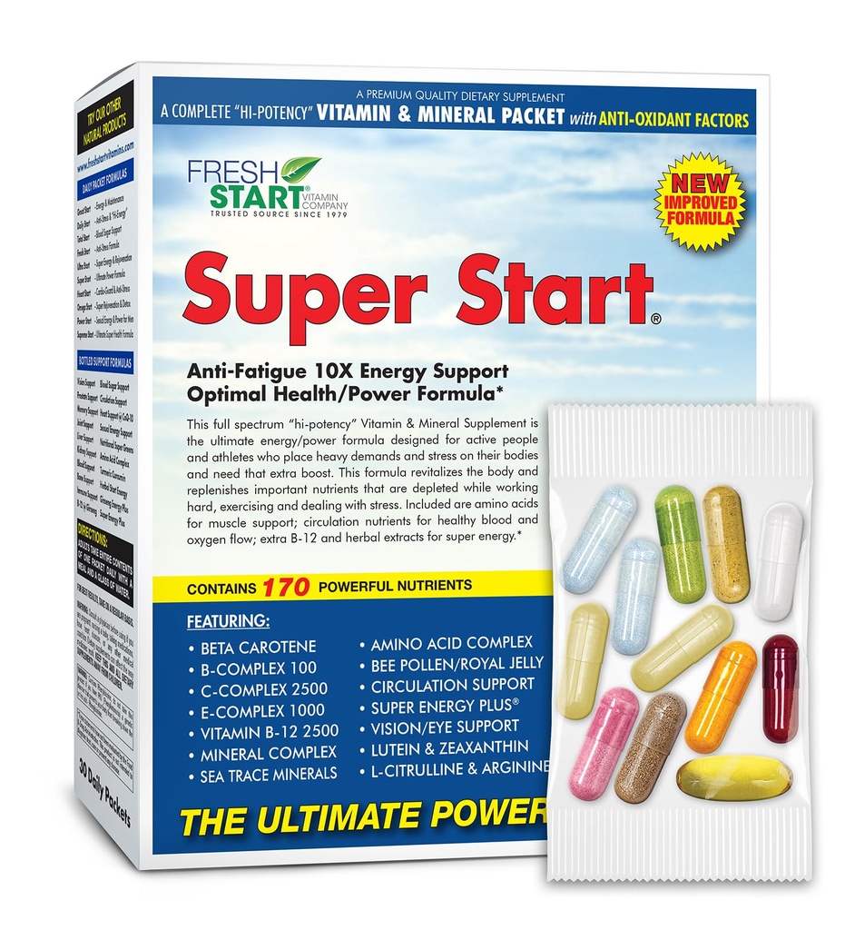 Super Start Pacchetto giornaliero completo di vitamina | 10X Energy & Stamina Booster, supporto muscolare | Vitamina A, B, C, D, E, B12, minerali, aminoacidi, polline di api, Ashwagandha, Panax Ginseng (30 pacchetti)
