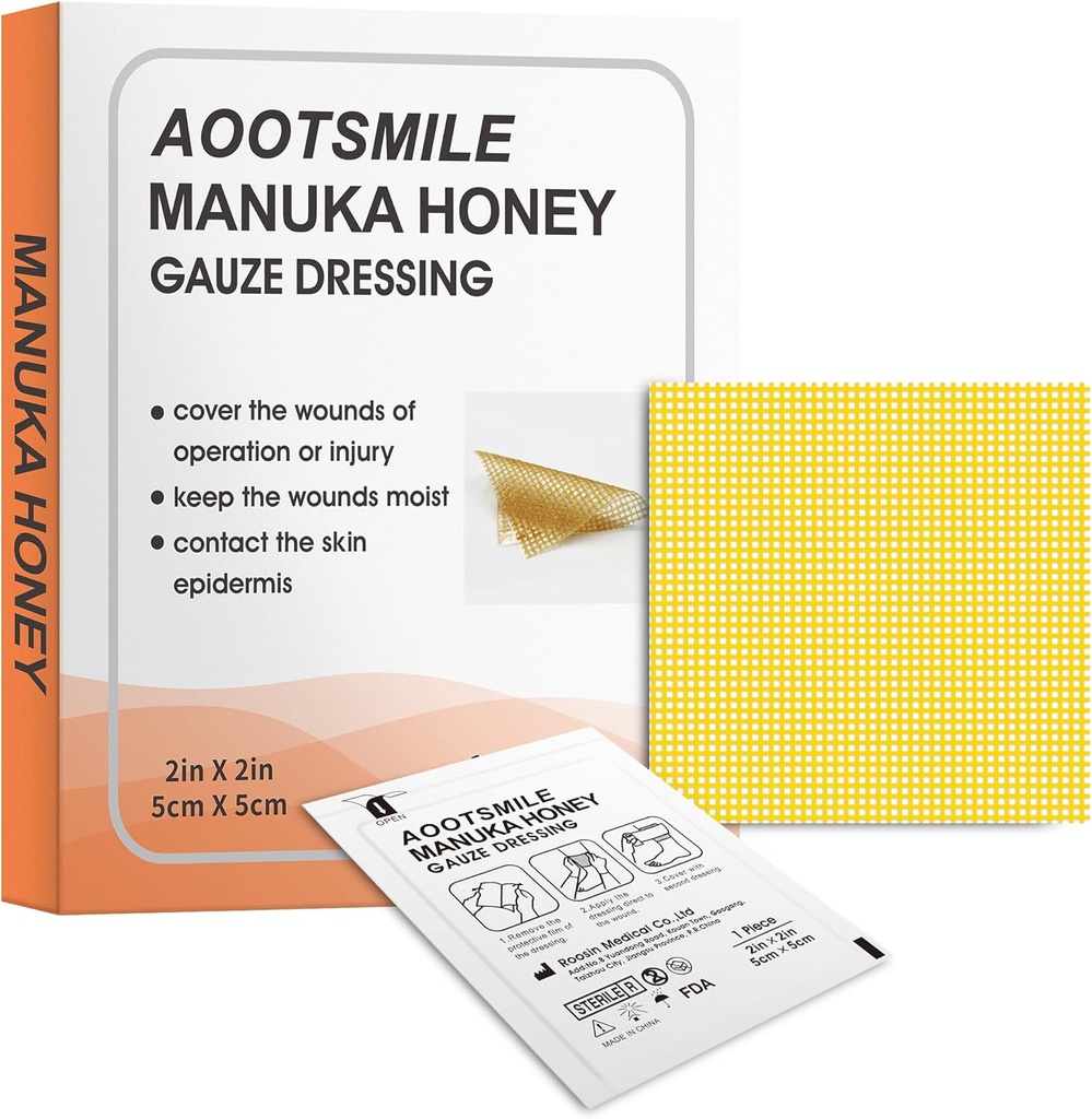 Manuka Honey Wound Care - Honey Wound Dressing 2" x 2" Honey Medical Bandage Wound Care Patch pour les abrasions mineures, les coupures, les lacérations, l'échaudage et les brûlures pour la guérison des plaies,10 Pcs