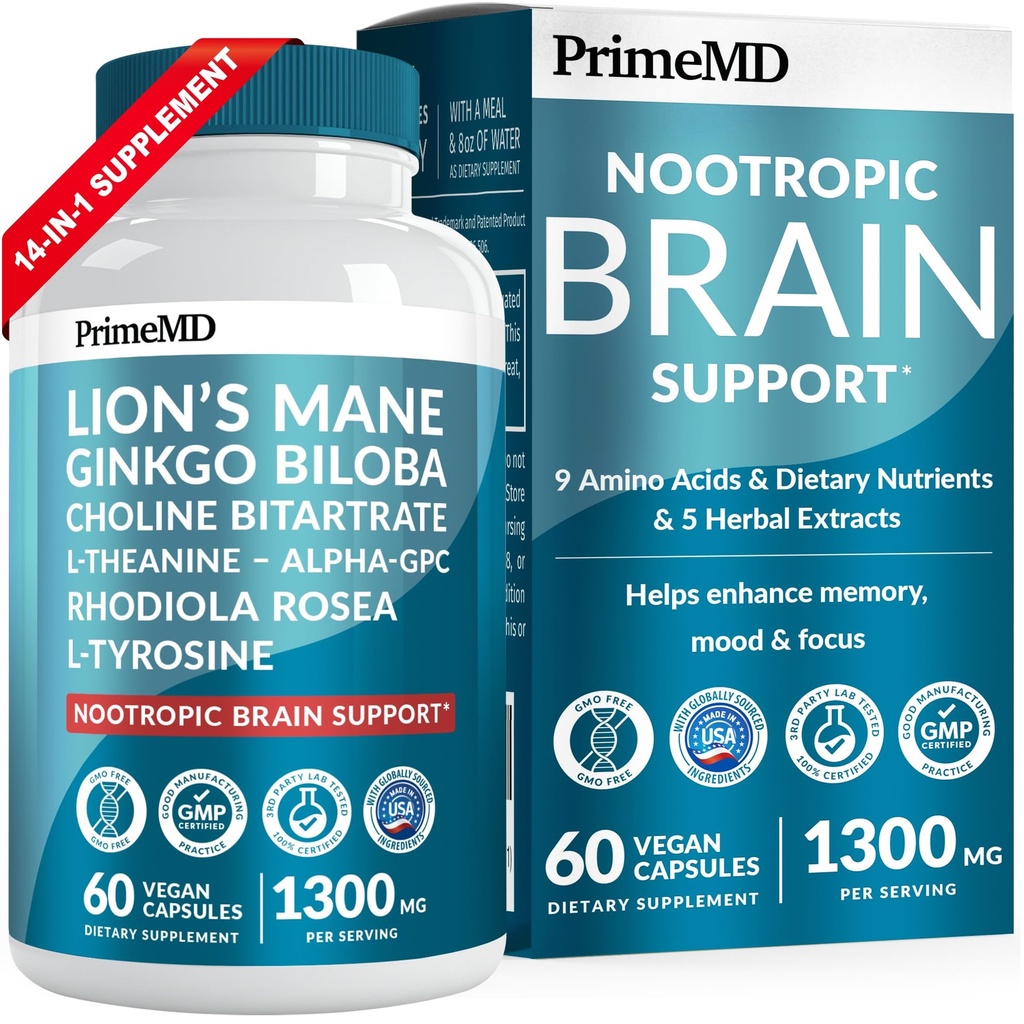 Capsules supplémentaires 14-en-1 Lions Mane - Supplément Cerveau Nootropique avec Ginkgo Biloba pour le soutien, la mémoire et la focalisation du cerveau - Suppléments Alpha GPC, L Theanine et Choline avec 1300mg par portion (60 ct)