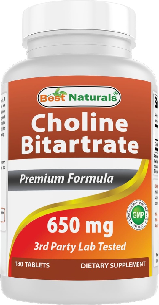 Beste Natürliche Choline Bitartrate 650 mg (Non-GMO) für gesunde kognitive Gehirnfunktion 180 Tabletten