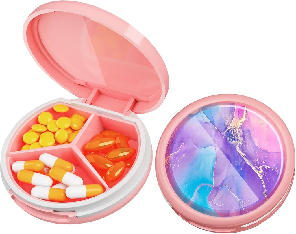 Serfeymi Small Pill Box - 3 Komponenten Tragbare Pille Box für Geldbörse Tasche, Compact Mini Travel Pill Case - Geeignet für Medizin, Vitamin, Fish Oil, Supplements - Pink(Fluid Art)