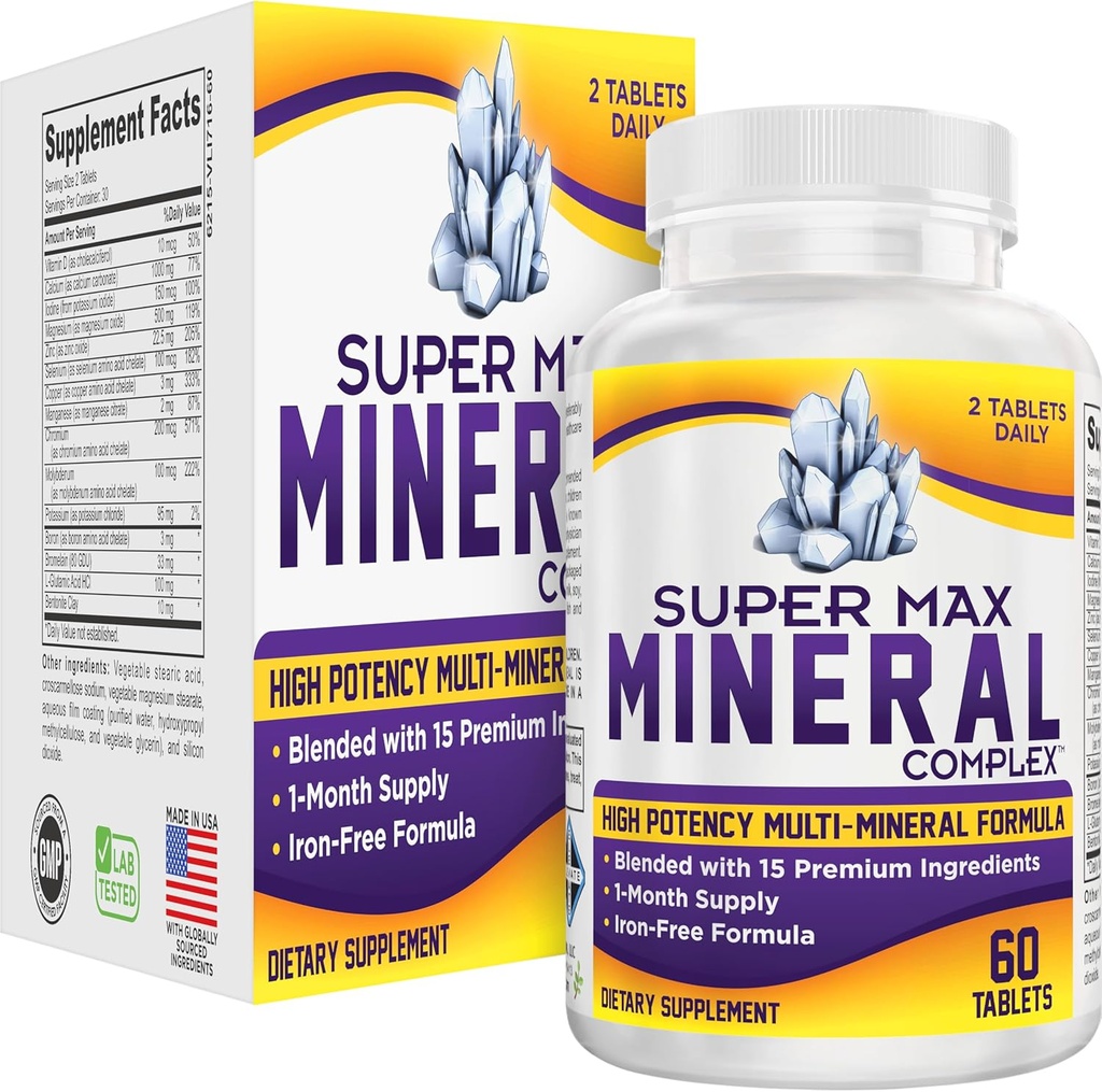 Super-MAX Multimineral Supplement (Iron Free) Multiminerals | High-Potency Multi Mineral Supplements (All-in-1) Mineralien Formel | Mineral Complex | 1-Month Supply | 60 Tabletten