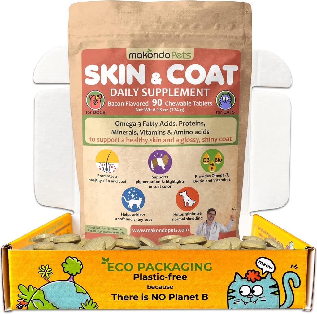 Supplément de peau et de manteau avec huile de poisson et Omega 3 pour chiens et chats - Supplément de déchiqueture pour animaux de compagnie pour Shedding, démangeaisons sèches et allergies - Vitamines de traitement d'allergie pour chiens (90 onglets)