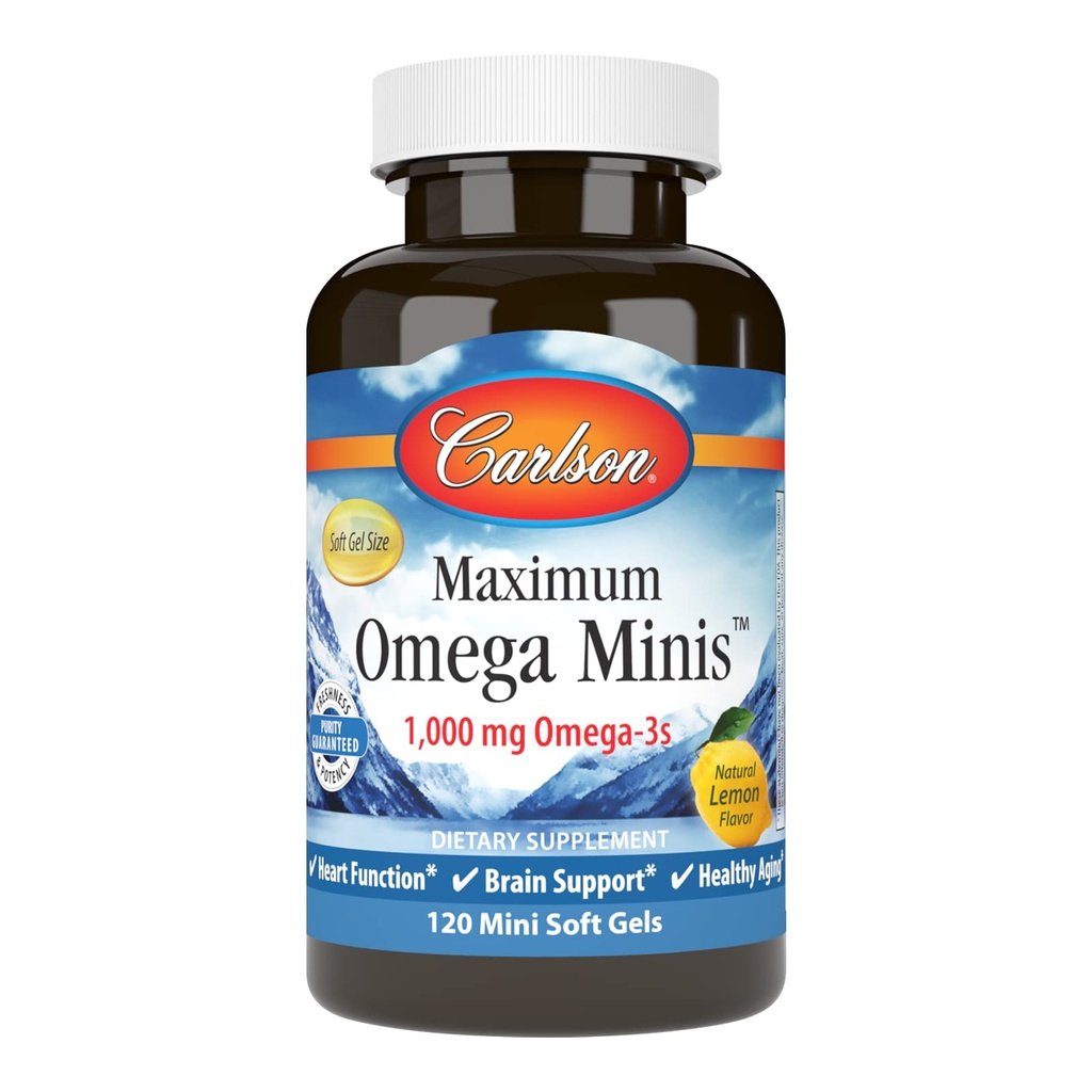 Carlson - Maximum Omega Minis, 1000 mg Omega-3s, Herz-Funktion, Gehirn-Unterstützung & Gesunde Aging, Zitronen, 120 Mini Softgels