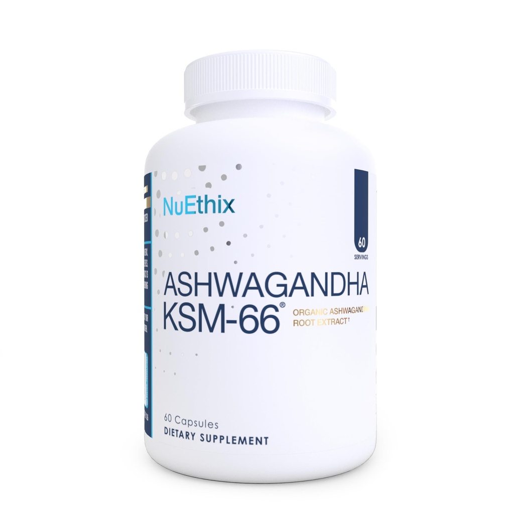 Formules NuEthix Ashwagandha KSM 66, 500mg d'extrait de racine KSM-66, d'humeur, de stress et de soutien cognitif, extrait de poivre noir biopériné, sans gluten, végétarien, sans OGM et sans lait, 60 portions