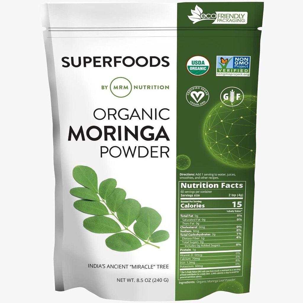 MRM Nutrition Moringa Powder| Superfoods | Salute digestiva | Alta fibra | Antiossidante | 60 Serve