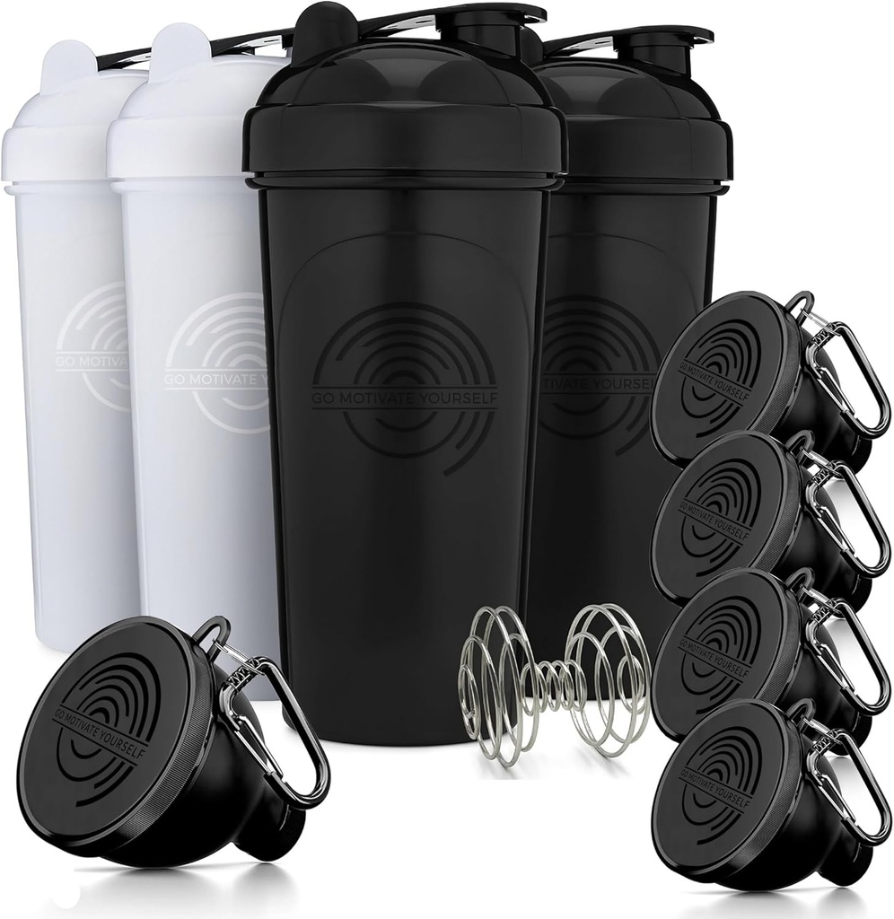 GOMOYO Fitness Bundle - 4-Pack Shaker Flaschen mit Agitator + 5-Pack Protein Funnels mit Carabiner, BPA-Free & Spülmaschine Safe