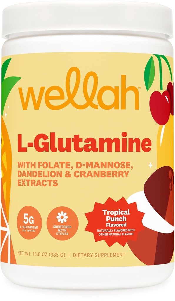 Wellah L-Glutamin Pulver Tropical Punch (50 Servierungen) - 5g L-Glutamin Per Servieren, mit Stevia gesüßt