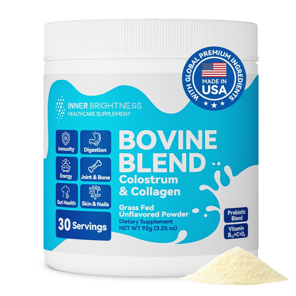 Bovine Colostrum & Collagen Powder for Gut Health, Immununterstützung, Haarwachstum & Beauty Supplement, Sugar Free – IgG, Probiotics, Vitamin B12, C, D3 – Unflavored, 30 Portionen