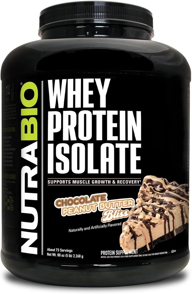 NutraBio 100% Whey Protein Isolate Protein Powder, 25g Protein con profilo completo dell'aminoacido, Non-GMO, Soy & Gluten Free, Carbo basso, Polvere di proteine del siero di calcio basso, Burro di arachidi al cioccolato, 5 Lbs