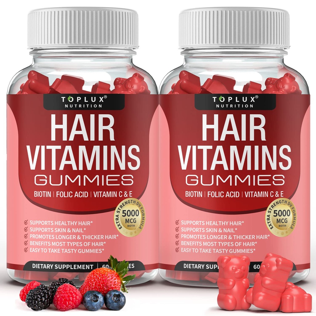 Vitamines capillaires Supplément Gummies – Gummy plus rapide de croissance des cheveux 5000mcg Biotine, Acide folique, Vitamine C & E, Soutien cheveux plus forts et épais, peau, ongles, non-OGM, pour les hommes femmes, 60 baies parfumées
