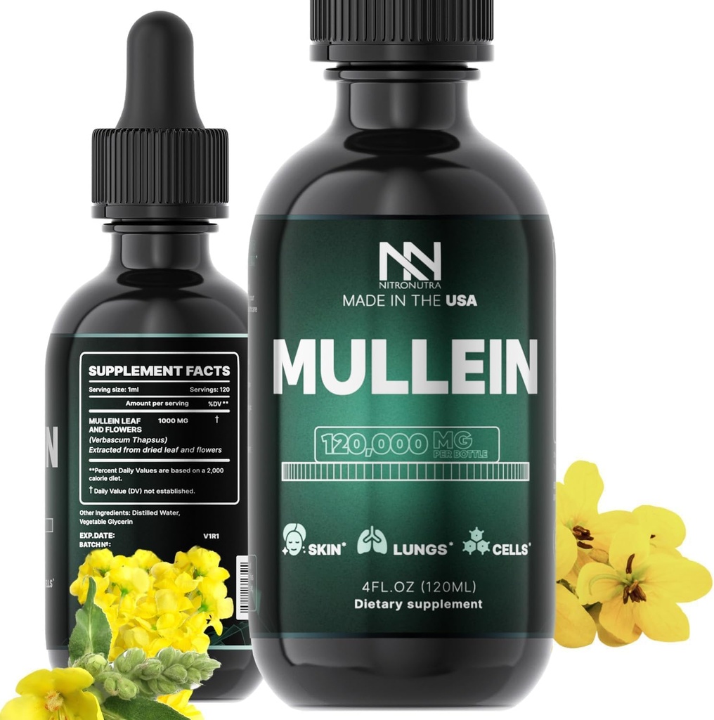 Gouttes de Mullein pour les poumons - Nettoyeur de poumon et désintoxication - Extrait de feuille de Mullein pour les poumons - Détox de poumon pour les fumeurs - Soutien Bronchial et immunitaire - Gouttes de feuille de Mullein 4 Fl Oz
