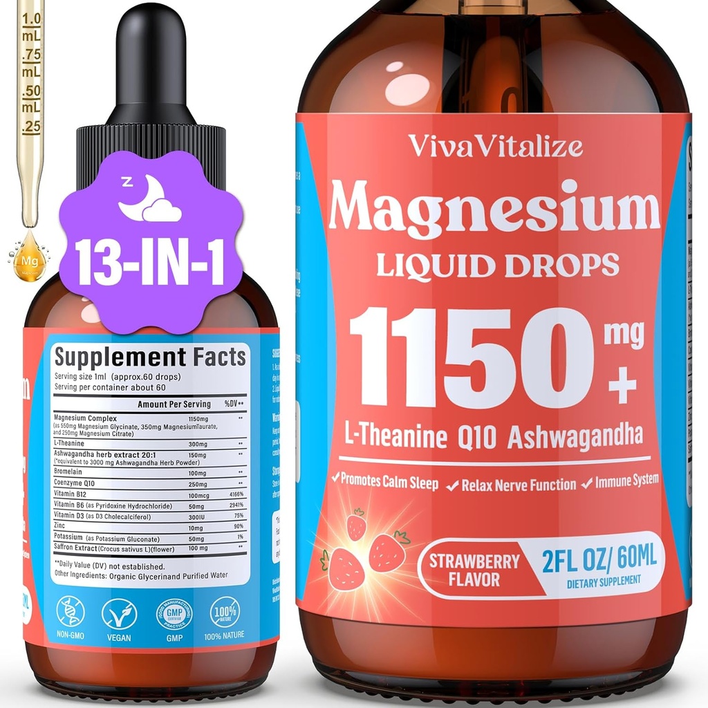 Magnesio Glycinate Liquido, Tripla Magnesio Complesso Liquido Goccia, Magnesio Taurate & Citrato Liquido per Adulti Supporto calma Stress, Rilassamento muscolare, Buon sonno