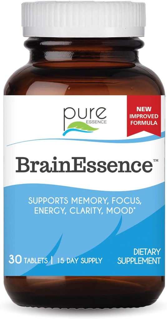 PURE ESSENCE LABS Brain Essence - Integratore di Memoria & Vitamina per Uomini, Donne & Adulti - Booster di erbe per Memoria, Focus, Clarity & Stress Relief - Bacopa Monnieri, Ashwagandha & More (30 compresse)