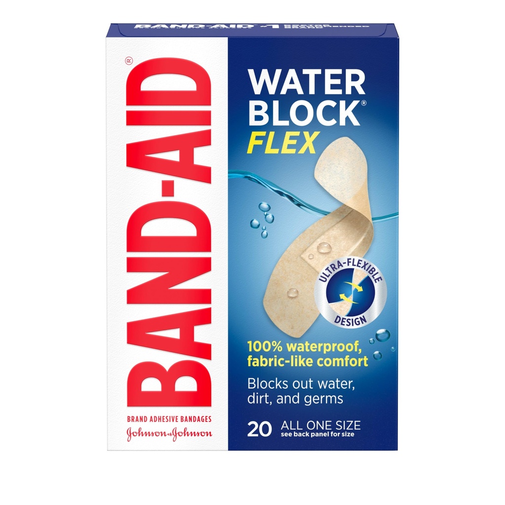 Bande-Aid marque Water Block Flex 100% étanche Bandes adhésives pour l'entretien de la première plaie d'Aid de petites coupures, Scrapes & Wounds, design ultra-flexible, stérile, toutes une taille, 20 ct