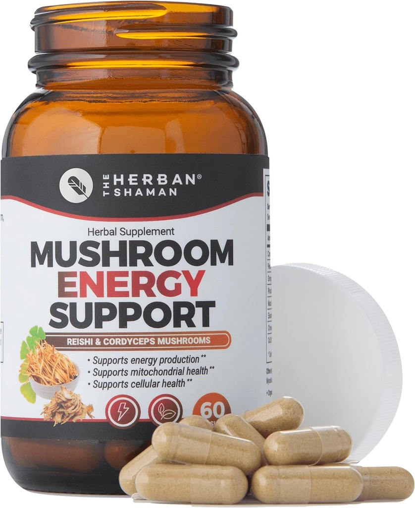 Mushroom Supplement Energy Support | Bio Pilz Kräuterkapseln mit Reishi, Ginkgo, Rhodiola, Maca, Chinesischer Ginseng, CoQ10 + mehr (60 Kapseln)