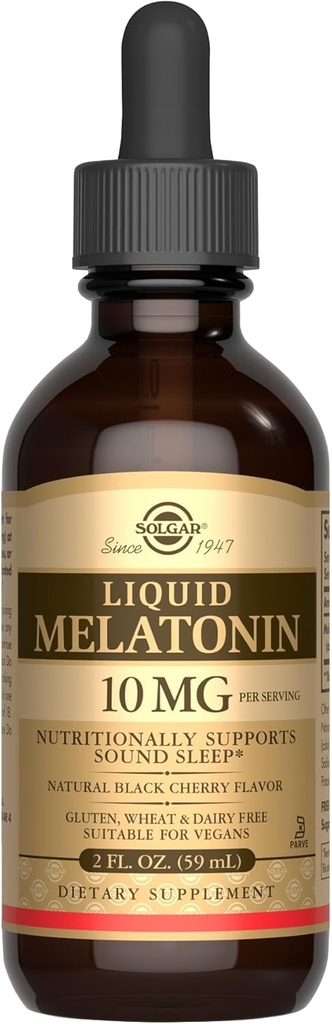 SOLGAR Liquid Melatonin 10 mg, Natural Black Cherry Flavor - 2 fl oz - Grande per Jet Lag - Vegan, Gluten & Dairy Free, Kosher - 59 Servings