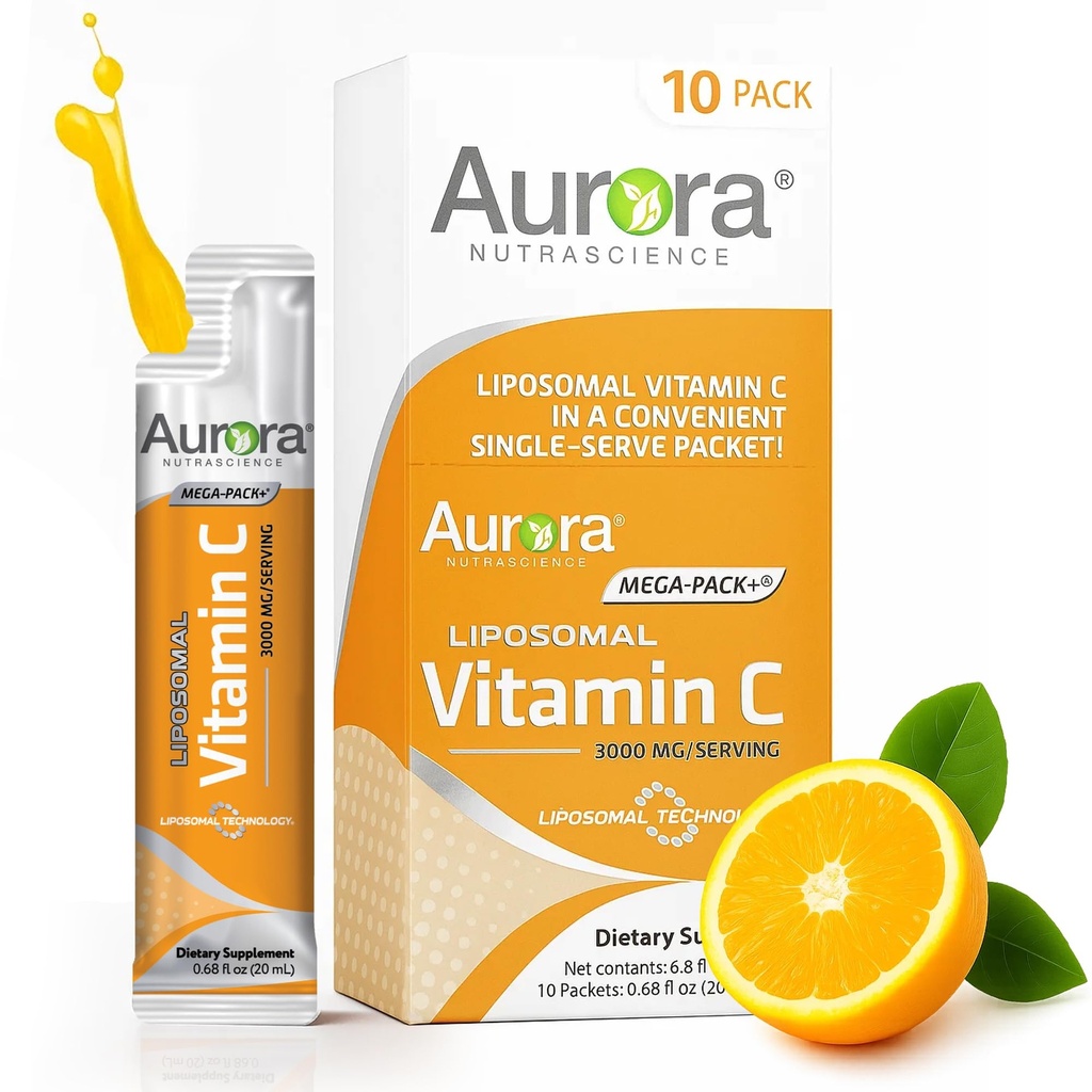 Aurora Nutrascience Mega-Pack Liposomal Vitamin C, Immununterstützung, 3.000 mg pro Servierung, Vegan, Glutenfrei, Non-GMO, 10 Single Serve Packets, Orange