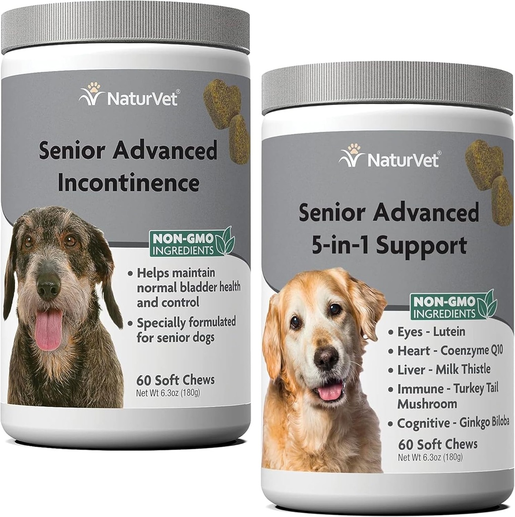 NaturVet Senior Advanced Incontinence Dog Supplement – Hilft bei der Unterstützung des Hundes Blasenkontrolle Normale Urination – 60 Ct. Soft Chews - Senior Advanced 5-in-1 Support Dog Supplement - 60 Soft Chews