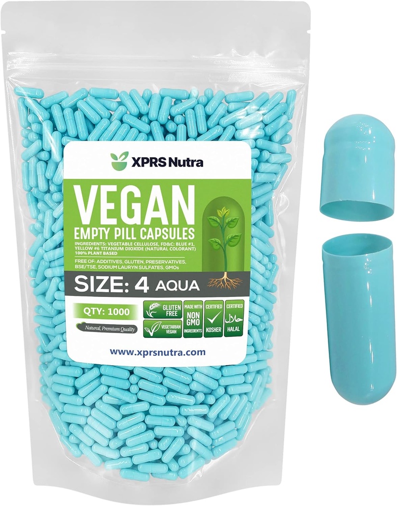 XPRS Nutra Taille 4 Capsules vides - 1000 Compter les petites capsules végétales vides - Garniture de capsules végétales bricolage - Remplir Do-It-Youlf remplissable Pill Caps pour les suppléments (Aqua)